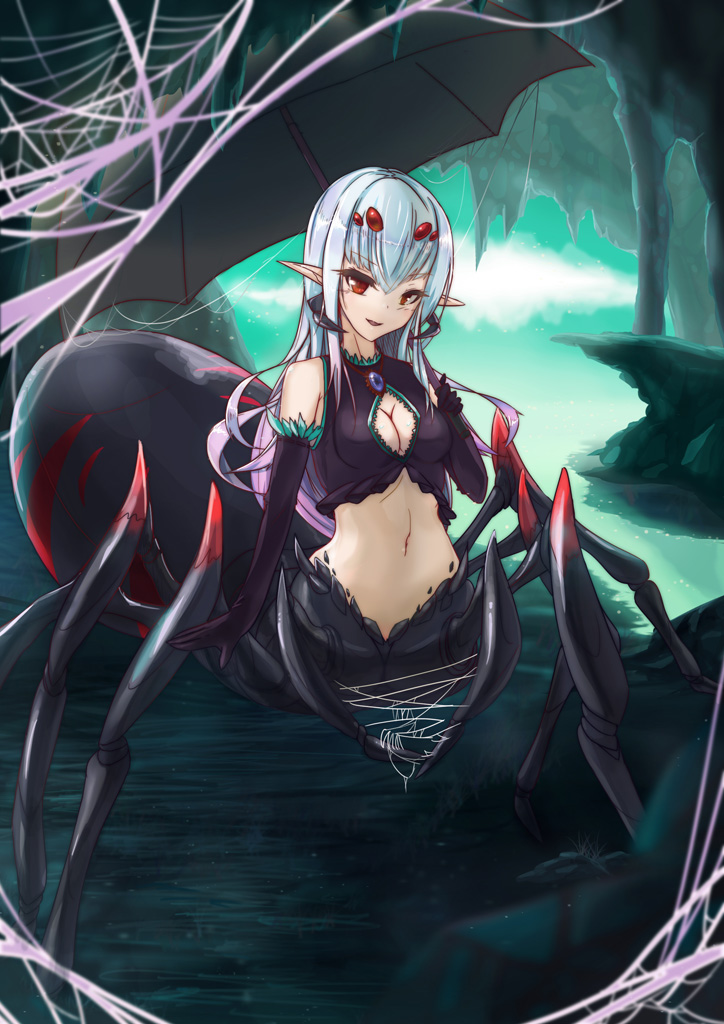 arachne bad_id bad_pixiv_id bangs black_gloves breasts brooch cave cleavage cleavage_cutout crop_top elbow_gloves extra_eyes eyelashes gloves gradient_hair holding holding_umbrella insect_girl jewelry light_smile long_hair looking_at_viewer medium_breasts monster_girl multicolored_hair navel original parted_lips pink_hair pointy_ears red_eyes silk silver_hair smile solo spider_girl spider_web standing sud_(sudea) umbrella underground water