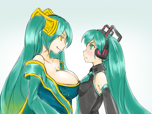 aqua_hair asymmetrical_docking breast_contest breast_envy breast_press breasts cleavage crossover detached_sleeves faceoff hatsune_miku headphones large_breasts league_of_legends long_hair look-alike lowres multiple_girls sleeveless small_breasts smile sona_buvelle teatime_(mike) twintails very_long_hair vocaloid
