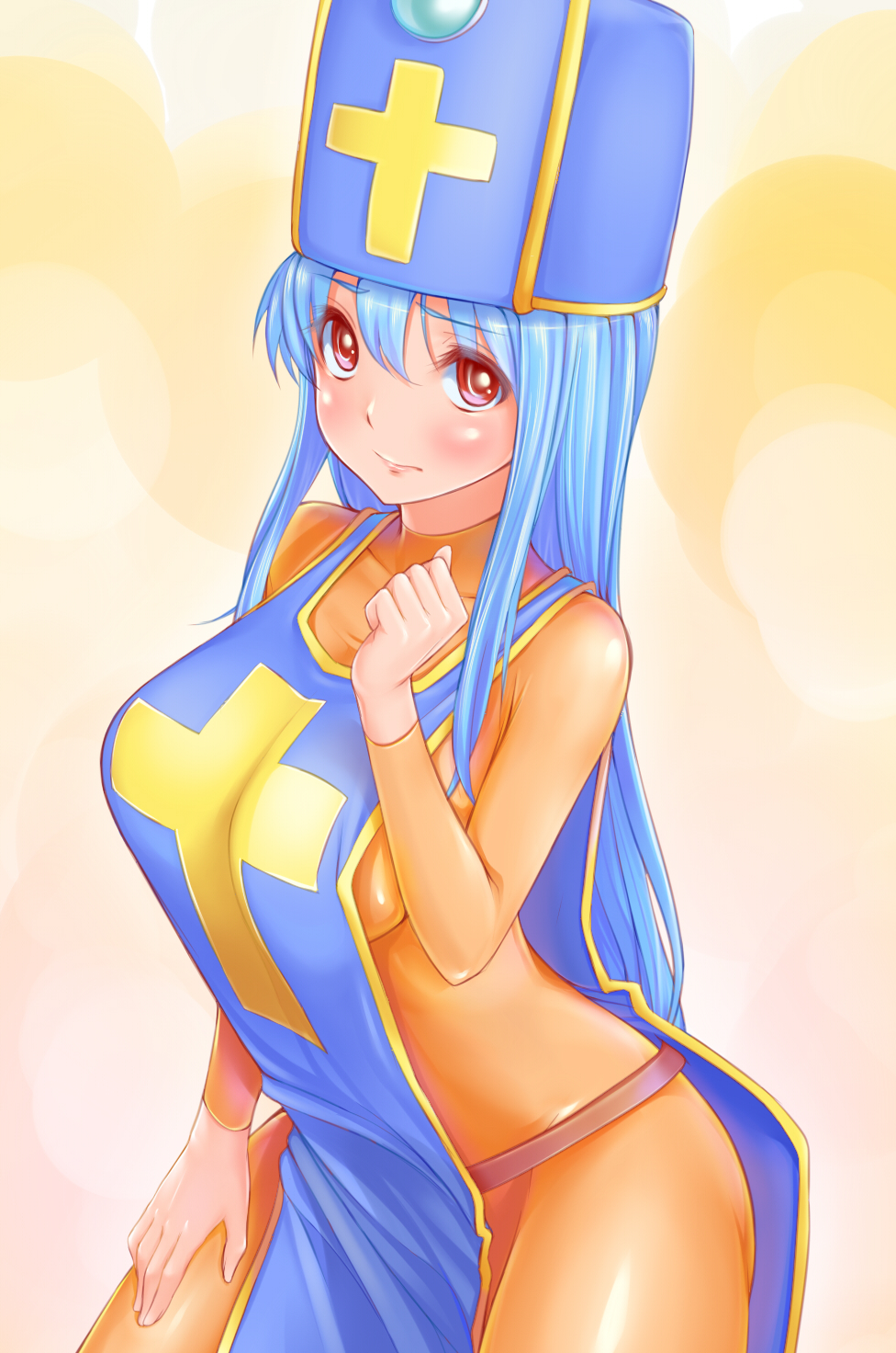 blue_hair blush bodysuit breasts dragon_quest dragon_quest_iii hat highres irudana large_breasts long_hair looking_at_viewer orange_bodysuit priest_(dq3) red_eyes sideboob solo very_long_hair