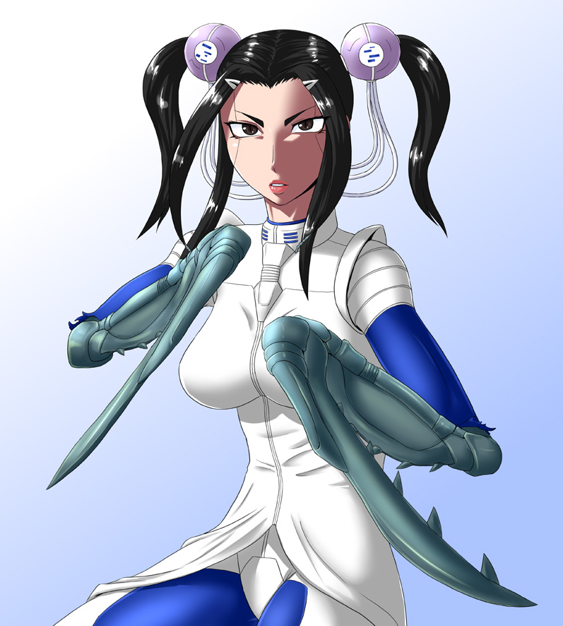 1girl black_hair breasts insect insect_girl jacket large_breasts ml monster_girl praying_mantis solo terra_formars twintails uniform zhang_ming-ming
