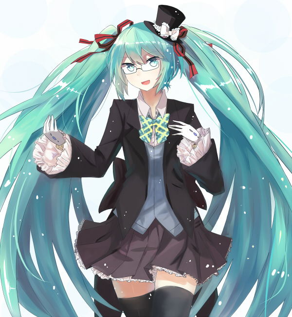bad_id bad_pixiv_id bespectacled bow bowtie echj glasses gloves green_eyes green_hair hair_ribbon hat hatsune_miku long_hair mini_hat mini_top_hat ribbon skirt solo thighhighs top_hat twintails very_long_hair vocaloid