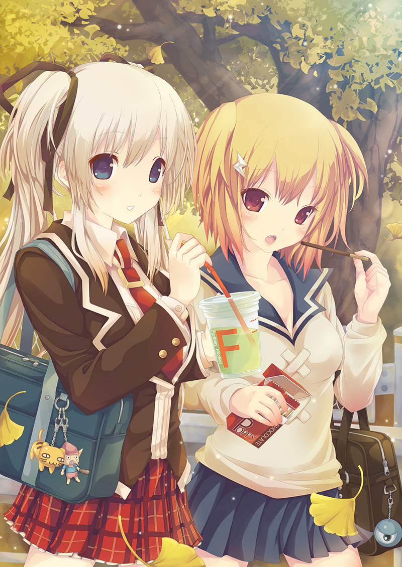 alternate_costume bag blonde_hair blue_eyes blush collarbone contemporary cup day drinking_straw eating food ginkgo hair_ornament hair_ribbon holding keychain leaf long_hair mabinogi multiple_girls nao_(mabinogi) necktie open_mouth outdoors plaid plaid_skirt pleated_skirt pocky red_eyes ribbon school_bag school_uniform short_hair silver_hair sisco skirt succubus_(mabinogi) tree twintails upper_body