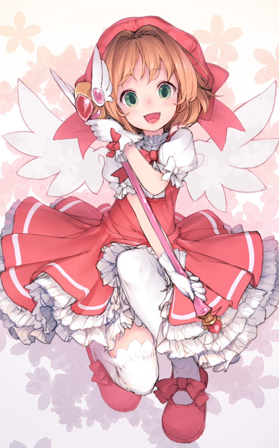 :d blush brown_hair cardcaptor_sakura dress fuuin_no_tsue glove_bow gloves green_eyes hat highres junwool kinomoto_sakura looking_at_viewer magical_girl mary_janes open_mouth pink_hat shoes short_hair smile solo thighhighs wand white_gloves wings