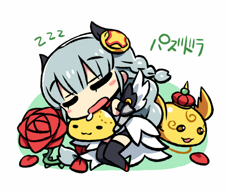 :3 bite_mark chan_co chibi drooling flower light_valkyrie_(p&amp;d) puzzle_&amp;_dragons rose shynee_(p&amp;d) sleeping solo valkyrie_(p&amp;d)