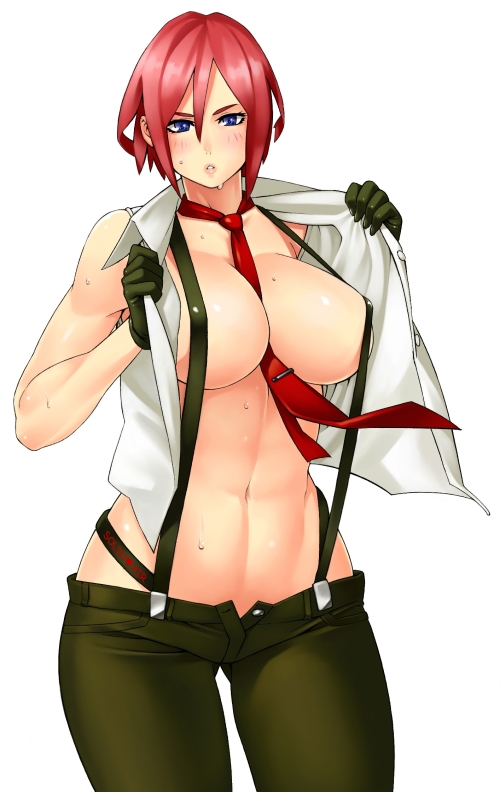 1girl blue_eyes breasts gloves king_of_fighters large_breasts necktie red_hair short_hair simple_background solid_air solo sweat vanessa zonda_(solid_air)