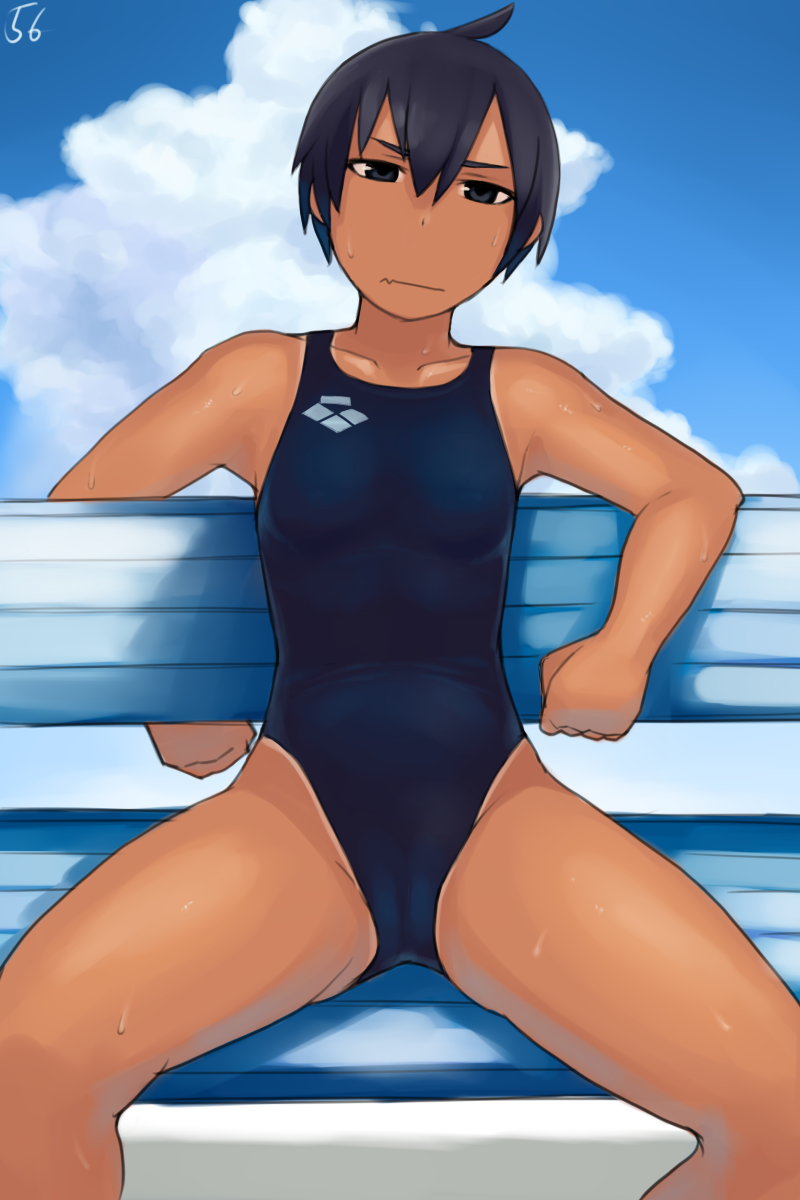 bench black_eyes black_hair competition_swimsuit highres lvi one-piece_swimsuit original short_hair sitting solo spread_legs swimsuit tan tanline
