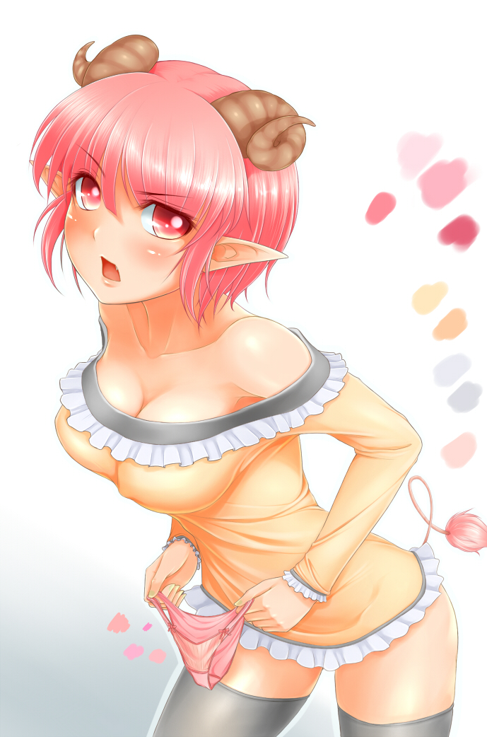 blush breasts cleavage frown holding holding_panties horns irudana large_breasts looking_at_viewer open_mouth original panties panties_removed pink_eyes pink_hair pointy_ears sheep_horns solo thighhighs underwear