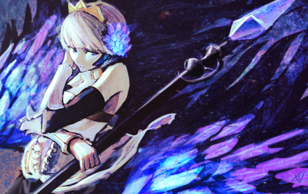 bad_id bad_pixiv_id blue_eyes dress gwendolyn multicolored multicolored_wings odin_sphere polearm silver_hair solo spear strapless strapless_dress total valkyrie weapon wings