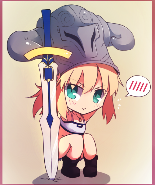 :t bandeau blonde_hair blush boots chibi clarent denim denim_shorts fate/apocrypha fate_(series) flat_chest green_eyes headwear_removed helmet helmet_removed jewelry long_hair mordred_(fate) mordred_(fate)_(all) necklace ponytail shorts solo squatting strapless sword tusia weapon