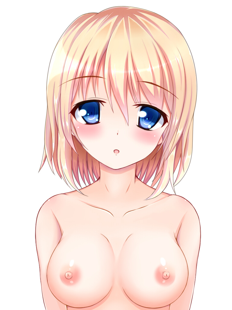 :o aneten bangs blonde_hair blue_hair blush breasts collarbone eyebrows_visible_through_hair hair_between_eyes looking_at_viewer medium_breasts nipples nude open_mouth original shiny shiny_skin short_hair simple_background solo upper_body white_background
