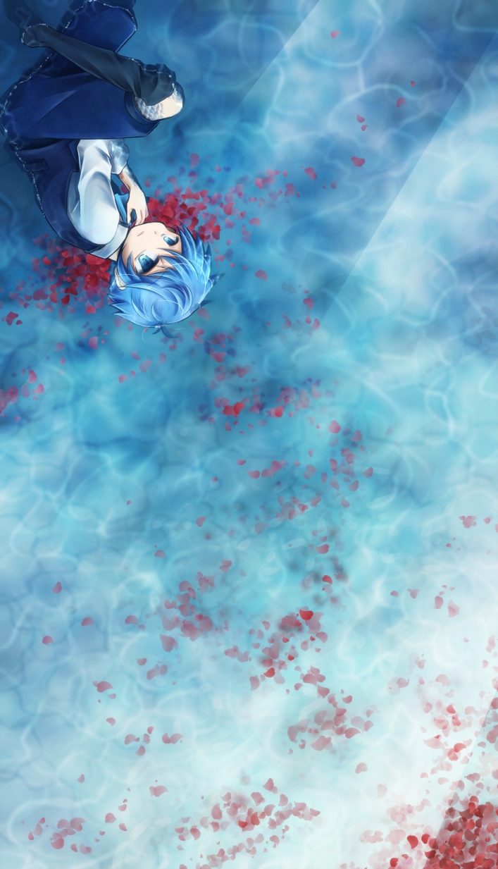 amamiya_kotetsu blue_eyes blue_hair bow bowtie fate/extra fate/extra_ccc fate_(series) hans_christian_andersen_(fate) highres male_focus md5_mismatch partially_submerged petals solo vest