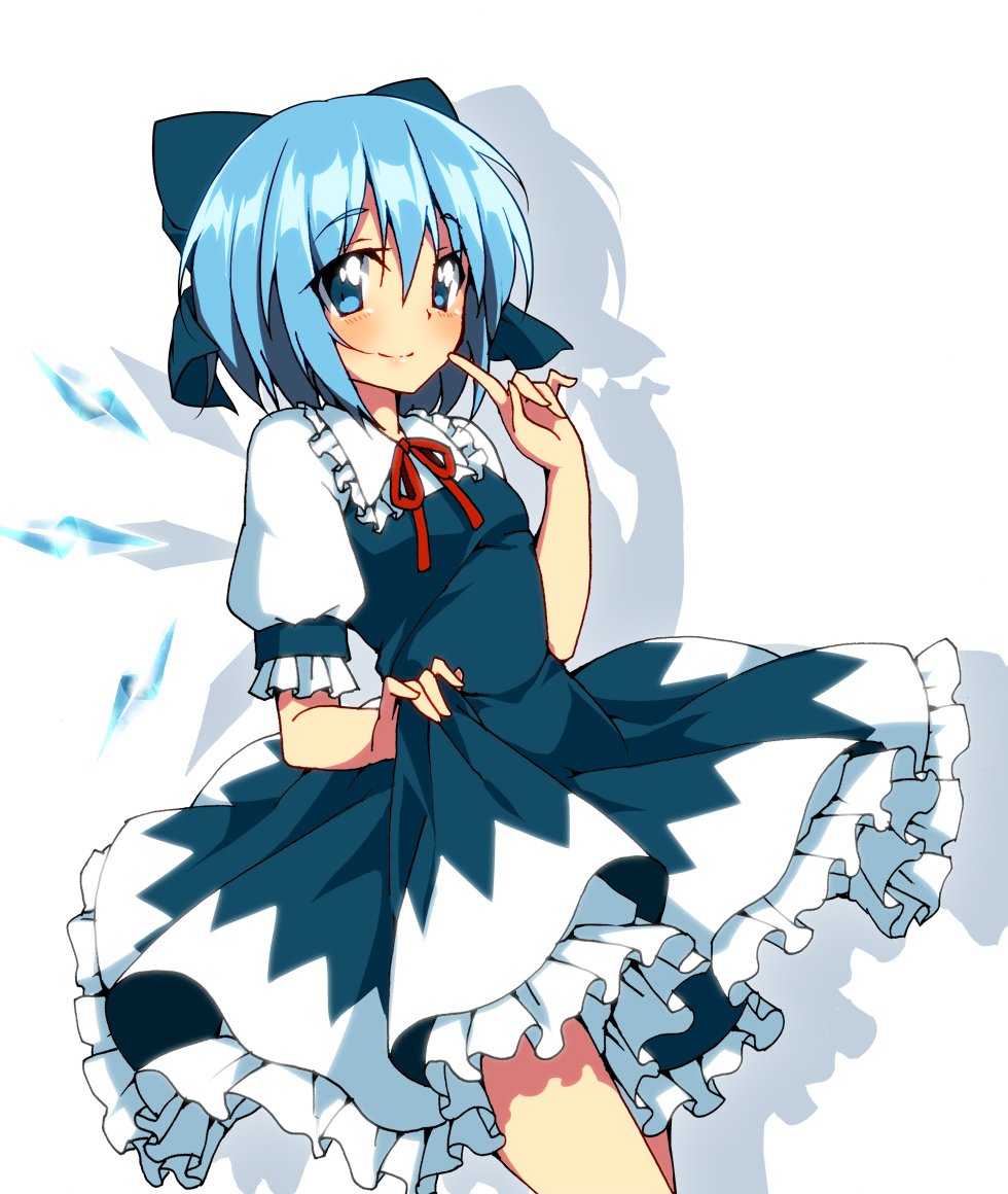 bad_id bad_pixiv_id blue_dress blue_eyes blue_hair bow cirno dress dress_lift hair_bow ice ice_wings looking_at_viewer oniku_(shimofuri-ke) petticoat puffy_sleeves short_sleeves simple_background smile solo touhou white_background wings