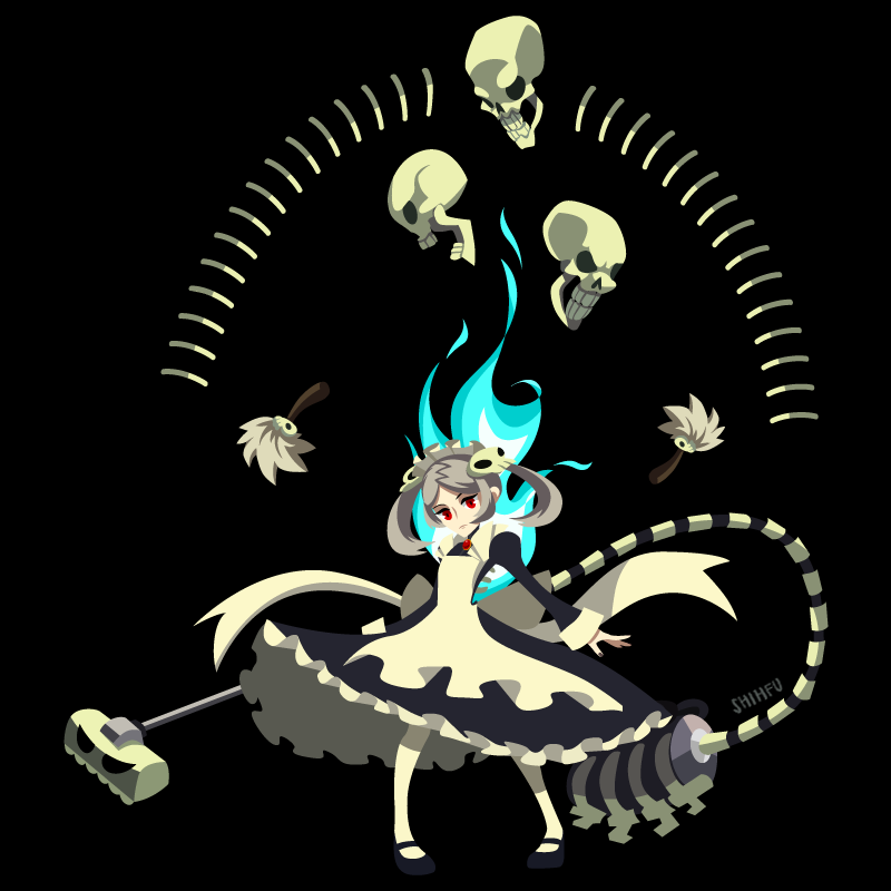 apron bloody_marie_(skullgirls) blue_fire duster fire flat_color hair_ornament maid maid_headdress mary_janes pantyhose red_eyes shoes silver_hair simple_background skull skull_hair_ornament skullgirls stephanie_shih twintails vacuum_cleaner white_legwear