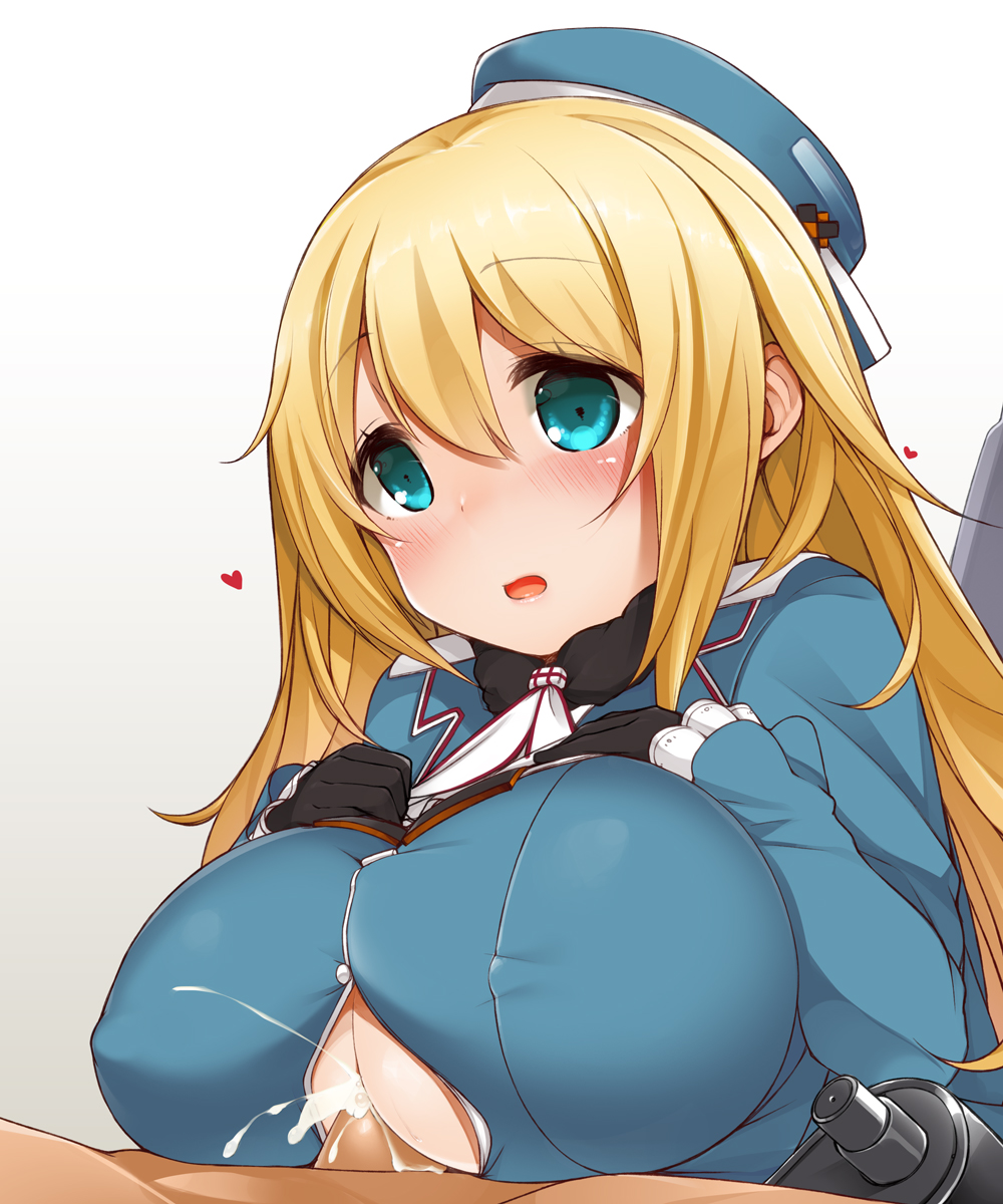1girl :o atago_(kantai_collection) bad_id bad_pixiv_id blonde_hair blue_eyes blue_hat blush breast_squeeze breasts center_opening covered_nipples cum cum_on_body cum_on_breasts cum_on_upper_body gloves hat heart hetero highres kantai_collection large_breasts long_hair military military_uniform nekoume open_mouth paizuri paizuri_under_clothes penis solo_focus uniform