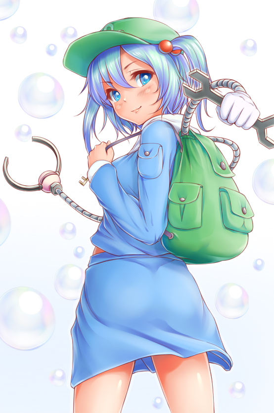 backpack bag blue_eyes blue_hair blush breasts bubble double_sided_wrench from_behind hair_bobbles hair_ornament hat irudana kawashiro_nitori key looking_at_viewer looking_back mechanical_arm medium_breasts skirt smile solo touhou wrench