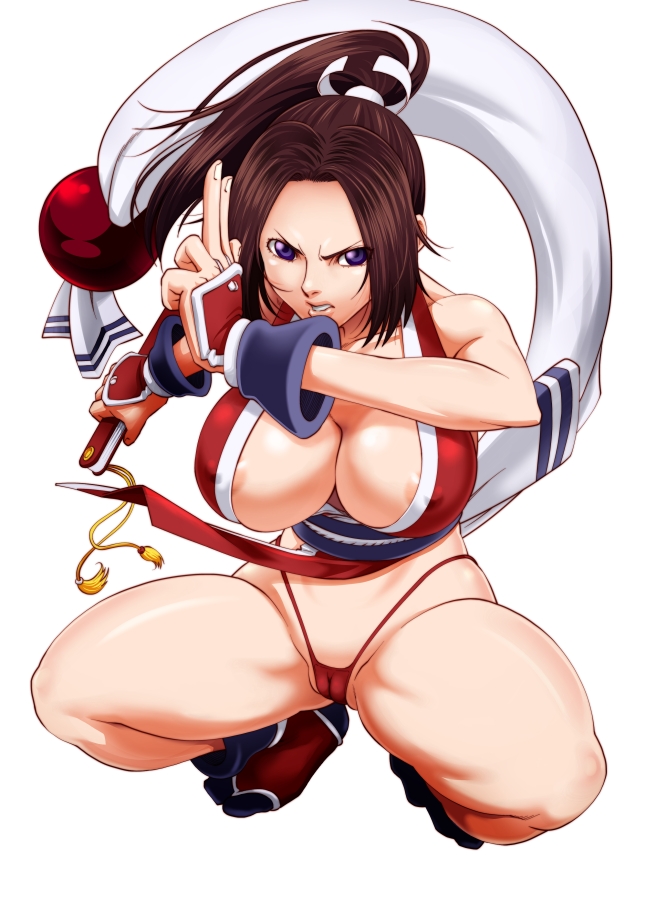 1girl bouzu_oyaji breasts brown_hair cameltoe fatal_fury large_breasts ponytail serious shiranui_mai simple_background snk solo squatting