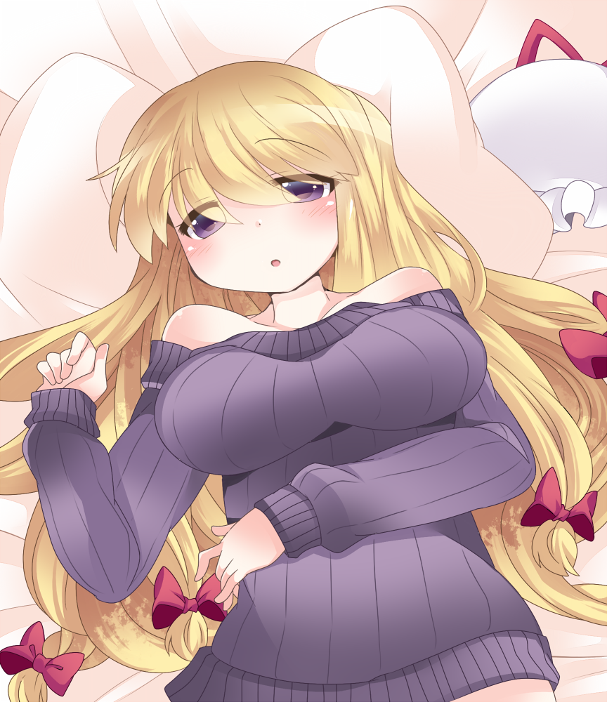 :o alternate_costume bare_shoulders blonde_hair blush bow breasts hair_bow hammer_(sunset_beach) hat hat_removed headwear_removed large_breasts long_hair lying naked_sweater off-shoulder_sweater on_back pillow ribbed_sweater solo sweater touhou yakumo_yukari