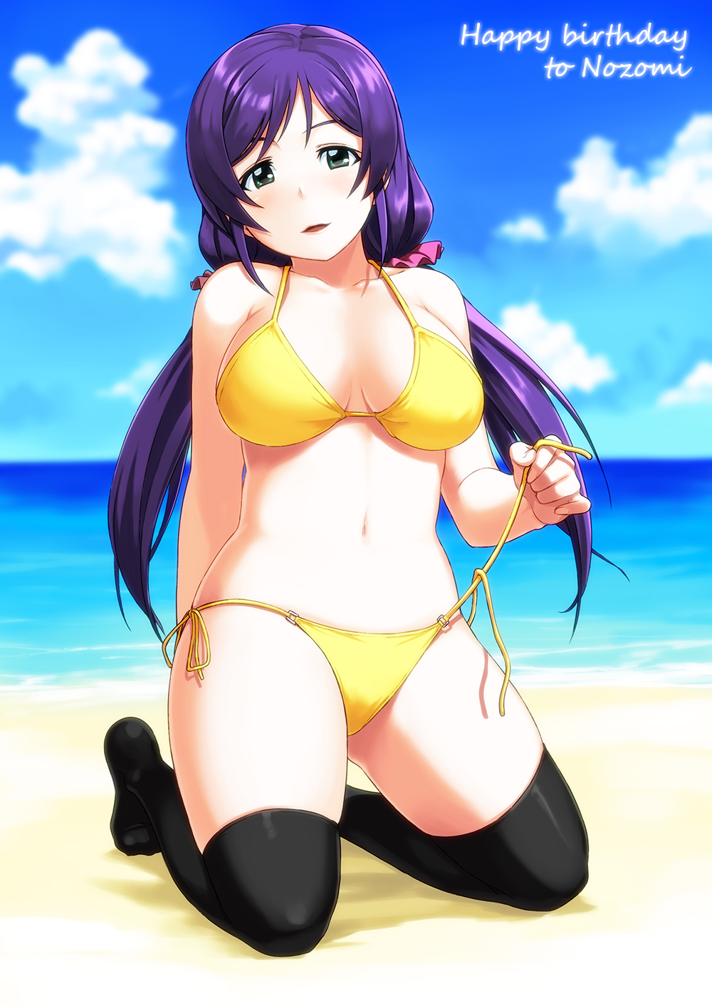 beach bikini breasts day green_eyes happy_birthday highres kneeling large_breasts long_hair love_live! love_live!_school_idol_project md5_mismatch purple_hair side-tie_bikini solo string_bikini swimsuit tachibana_roku thighhighs toujou_nozomi twintails untied untied_bikini untying