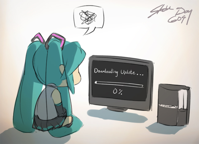 aqua_hair chibi eu03 game_console hatsune_miku long_hair playstation_3 solo spoken_squiggle squiggle television truth twintails vocaloid