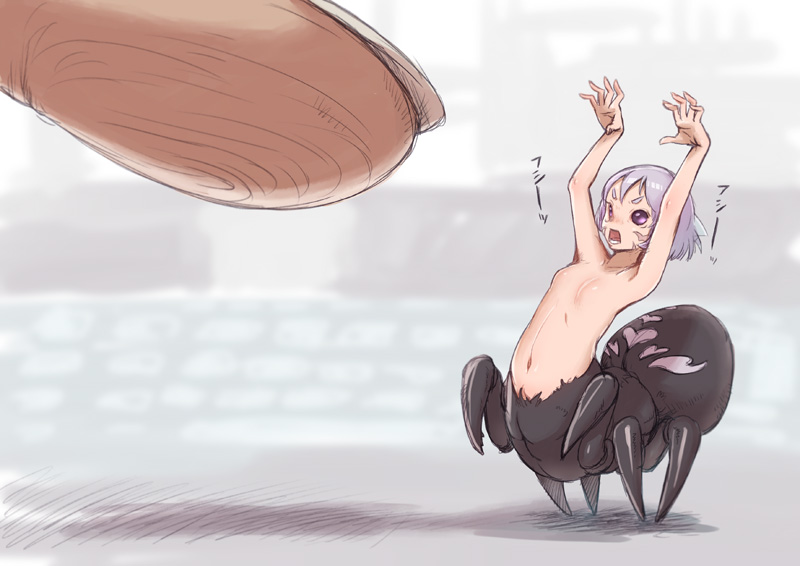 arachne arched_back armpits arms_up bad_id bad_pixiv_id bug fingerprint fingers flat_chest from_side heart insect_girl looking_at_another minigirl monster_girl navel no_nipples nukomasu open_mouth original purple_eyes purple_hair short_hair solid_eyes solo_focus spider spider_girl