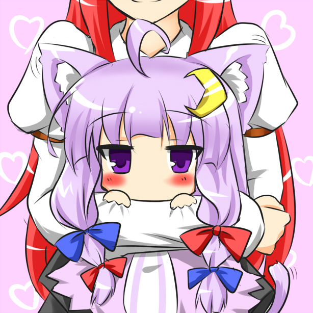 ahoge animal_ears blush carrying cat_ears cat_tail chibi coat crescent crescent_hair_ornament crossed_arms dress hair_ornament hair_ribbon head_out_of_frame heart juliet_sleeves kemonomimi_mode koakuma long_hair long_sleeves looking_at_viewer multiple_girls open_clothes open_coat parody patchouli_knowledge puffy_sleeves purple_eyes purple_hair red_hair ribbon rody_(hayama_yuu) shirt skirt skirt_set smile striped striped_dress style_parody tail touhou tress_ribbon very_long_hair vest