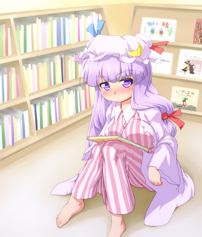 barefoot blush book bookshelf bow breast_rest breasts chen children's_book crescent dress eyebrows frown hair_bow hat hat_ribbon indoors kirisame_marisa knees_up koakuma large_breasts long_hair looking_at_viewer mob_cap patchouli_knowledge purple_eyes purple_hair ribbon robe sitting solo touhou waribashi-p