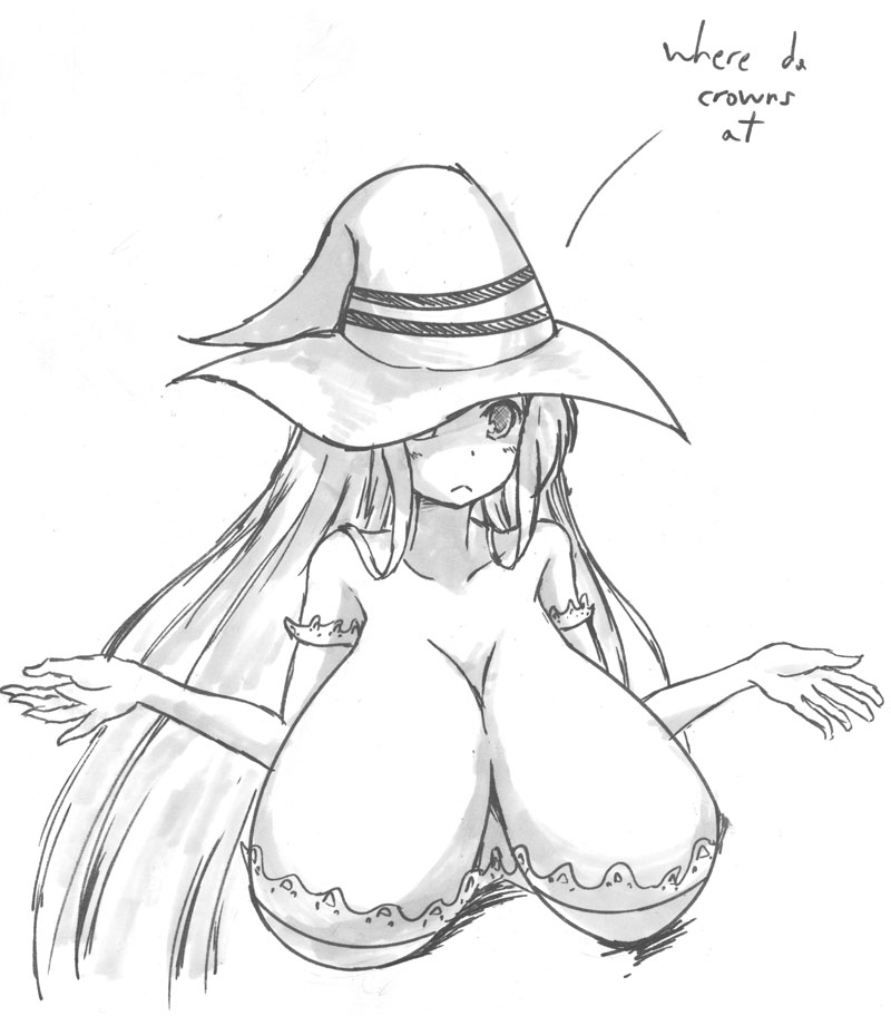 :&lt; bare_shoulders breasts cleavage detached_sleeves dragon's_crown dress english greyscale hat huge_breasts long_hair maullarmaullar monochrome shrug sketch solo sorceress_(dragon's_crown) strapless strapless_dress upper_body witch_hat