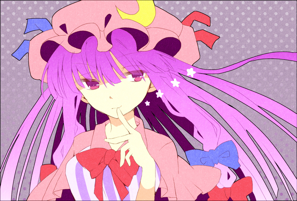 bad_id bad_pixiv_id crescent finger_to_mouth hair_ribbon hat long_hair patchouli_knowledge purple_eyes purple_hair ribbon saino_(saino_s) smile solo star touhou