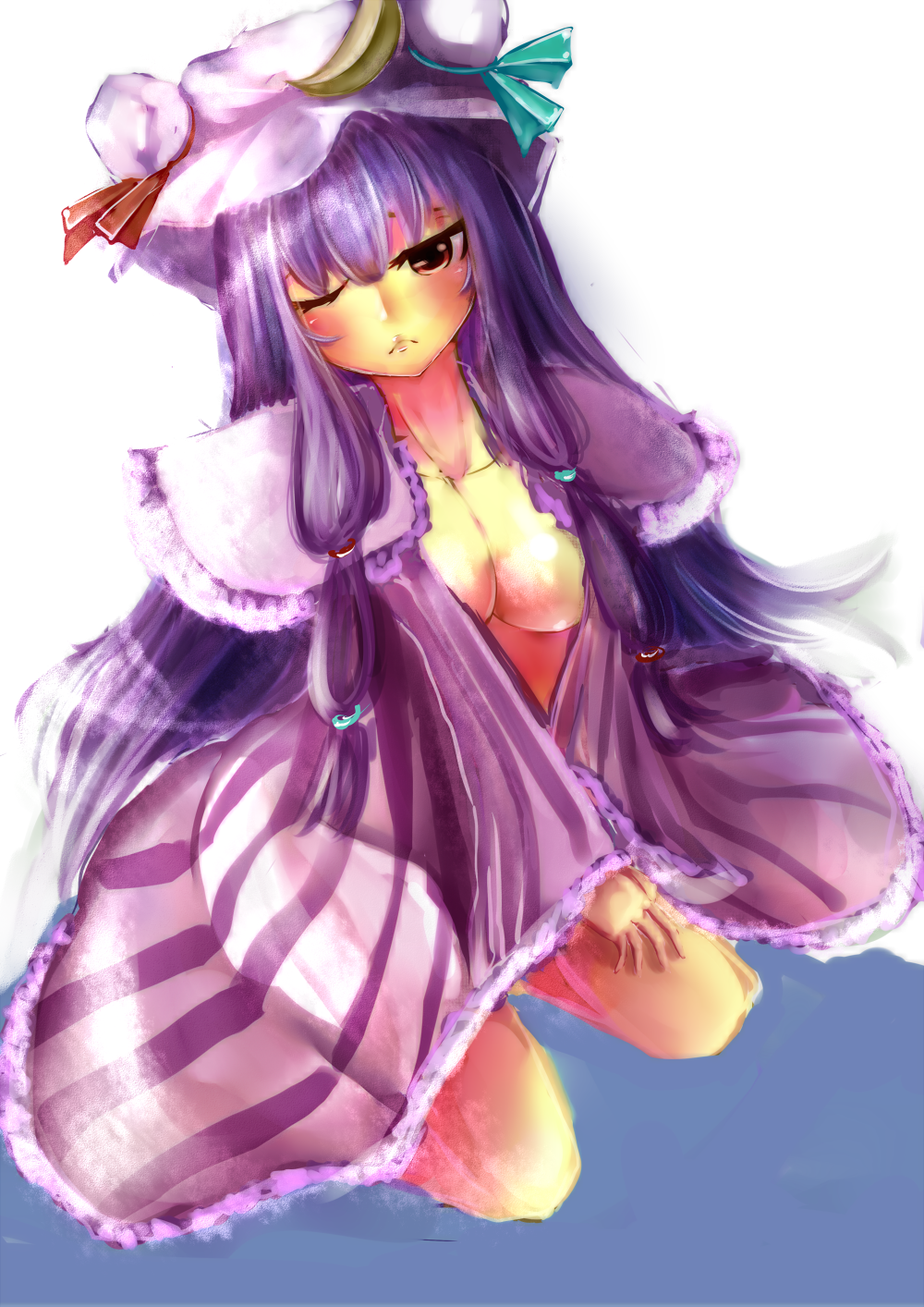 breasts cleavage crescent frown hair_ribbon hat highres kneeling medium_breasts one_eye_closed open_clothes patchouli_knowledge purple_eyes purple_hair ribbon ryuufa solo touhou white_background
