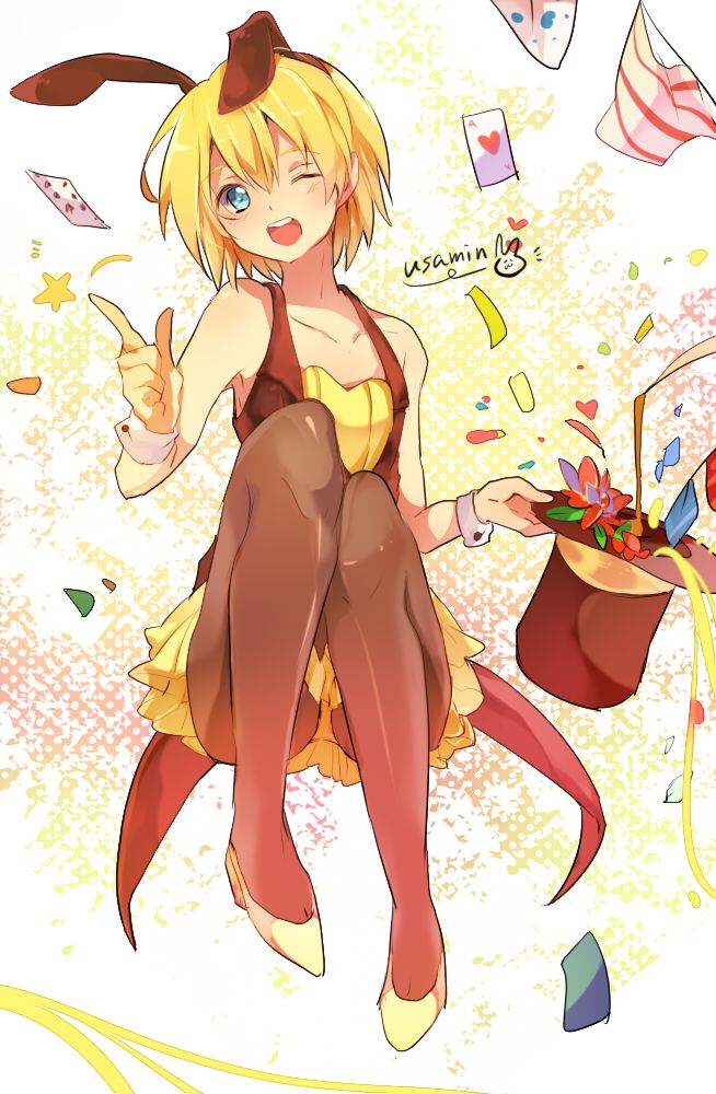 ;d androgynous animal_ears armin_arlert bad_id bad_pixiv_id bare_shoulders blonde_hair blue_eyes bunny_boy bunny_ears bunnysuit card cuffs fake_animal_ears flower hat hat_basket hat_removed headwear_removed high_heels holding holding_hat index_finger_raised knees_together_feet_apart leotard magician male_focus miko_(s1748s) one_eye_closed open_mouth otoko_no_ko pantyhose playing_card shingeki_no_kyojin shoes short_hair smile solo top_hat usamin wrist_cuffs yellow_leotard