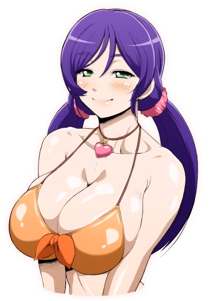 bare_shoulders bikini_top braid breasts choker cleavage green_eyes heart hokuto_(tokuho) jewelry large_breasts long_hair looking_at_viewer love_live! love_live!_school_idol_project necklace pink_scrunchie purple_hair raised_eyebrows scrunchie simple_background smile solo toujou_nozomi twin_braids upper_body white_background