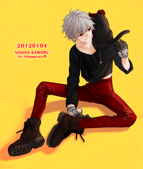 black_cat boots casual cat contemporary fashion gloves grey_hair male_focus nagisa_kaworu neon_genesis_evangelion red_eyes sitting solo winter_clothes