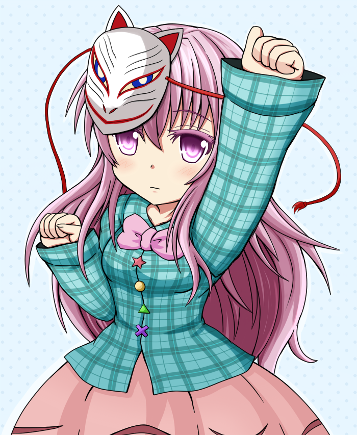 arm_up b.leaf bow bubble_skirt clenched_hands expressionless fist_pump fox_mask hata_no_kokoro long_hair long_sleeves looking_at_viewer mask pink_eyes pink_hair plaid plaid_shirt pose raised_fist shirt skirt solo star touhou triangle very_long_hair wide_sleeves