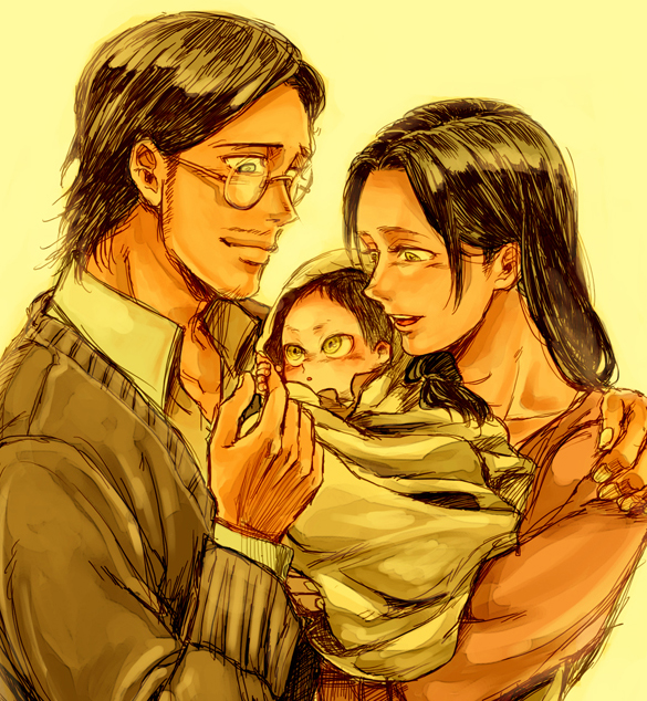 2boys baby baby_carry black_hair carla_yeager eren_yeager family father_and_son grisha_yeager kubo_cure long_hair mother_and_son multiple_boys shingeki_no_kyojin short_hair yellow_eyes