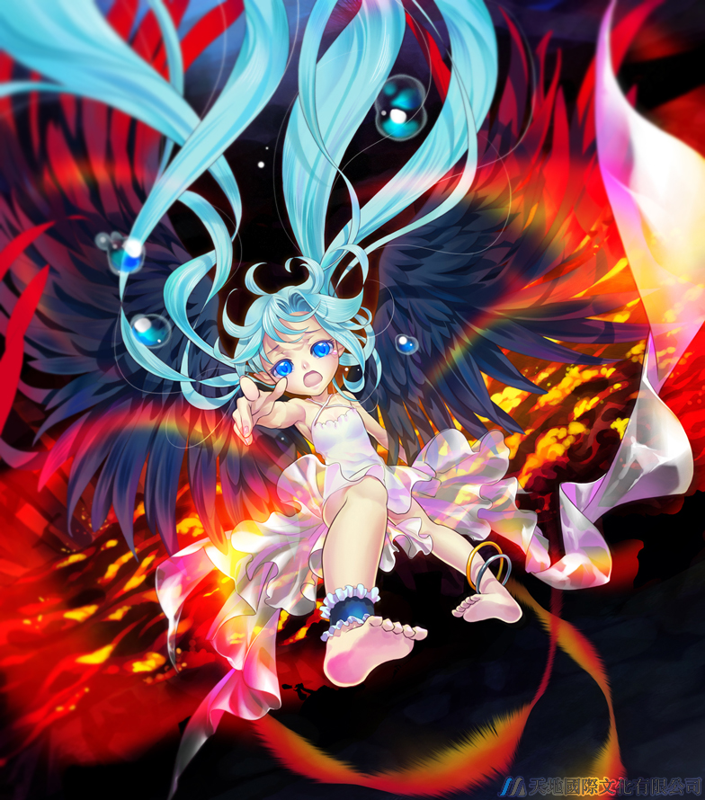 ankle_cuffs anklet barefoot black_wings blue_eyes blue_hair d: dress feet floating_hair flying_teardrops jewelry long_hair open_mouth original outstretched_arm sleeping-pig solo tears white_dress wings