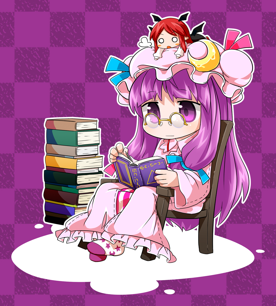 :o :| bat_wings bespectacled book book_stack byourou chair checkered checkered_background chibi chibi_on_head closed_mouth coat crescent dress glasses hat head_wings koakuma long_hair long_sleeves multiple_girls o_o on_head open_clothes open_coat over-rim_eyewear patchouli_knowledge pointy_ears purple_background purple_dress purple_eyes purple_hair reading red_hair semi-rimless_eyewear sitting striped striped_dress touhou very_long_hair wide_sleeves wings