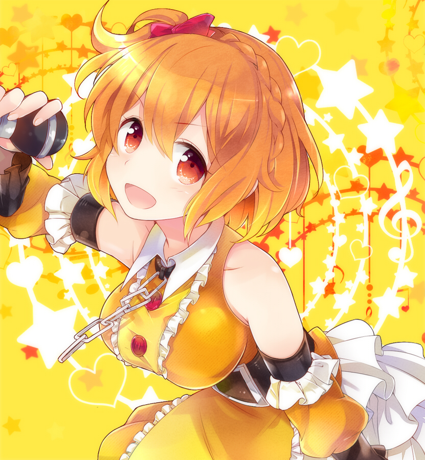 :d belt blonde_hair bow braid breasts chain detached_sleeves frills hair_bow kagerou_project kisaragi_attention_(vocaloid) kisaragi_momo large_breasts looking_at_viewer microphone ocha_(hutuumikan) open_mouth red_eyes short_hair side_ponytail smile solo vocaloid