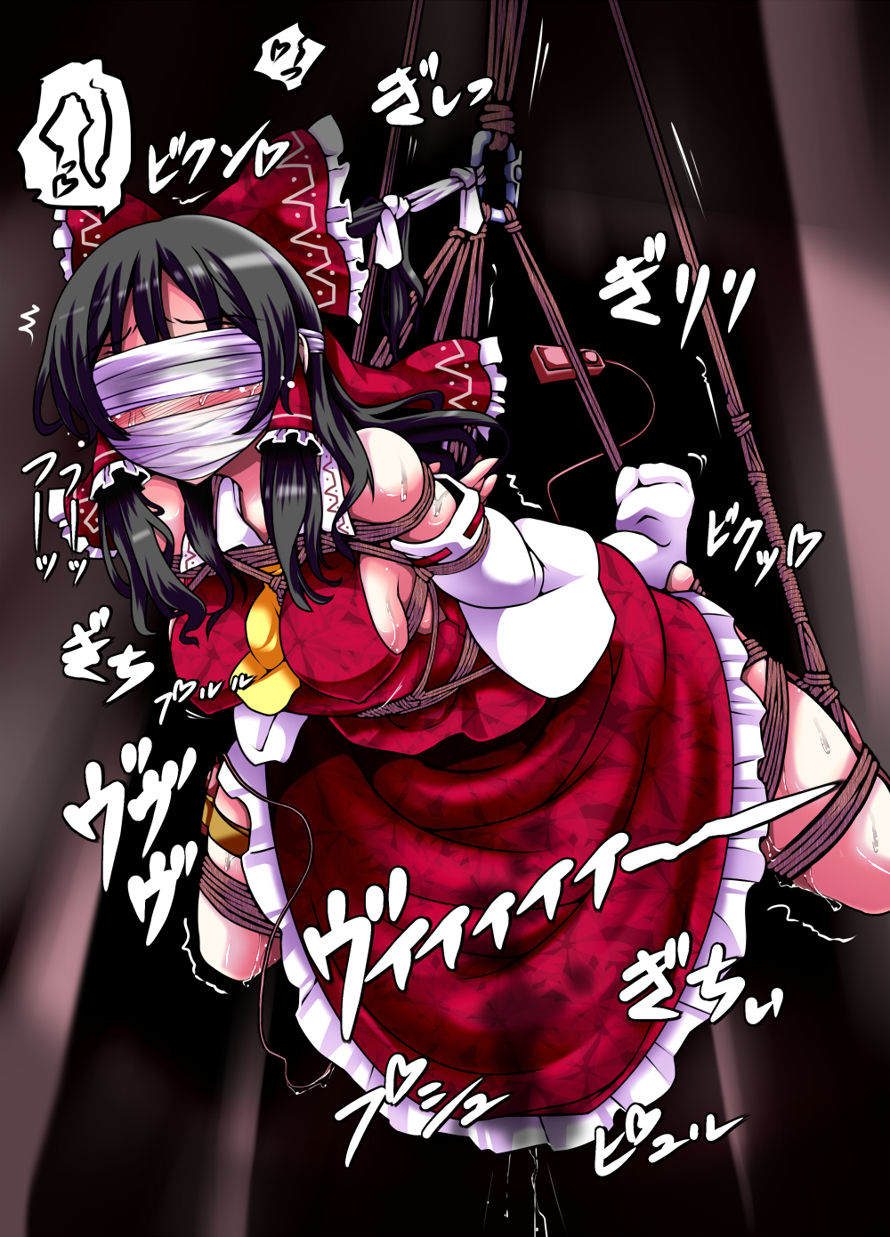 ankle_socks arms_behind_back bdsm black_hair blindfold blush bondage bound bow breasts detached_sleeves gagged hair_bow hair_tubes hakurei_reimu highres large_breasts lilish long_hair rope solo tears touhou vibrator