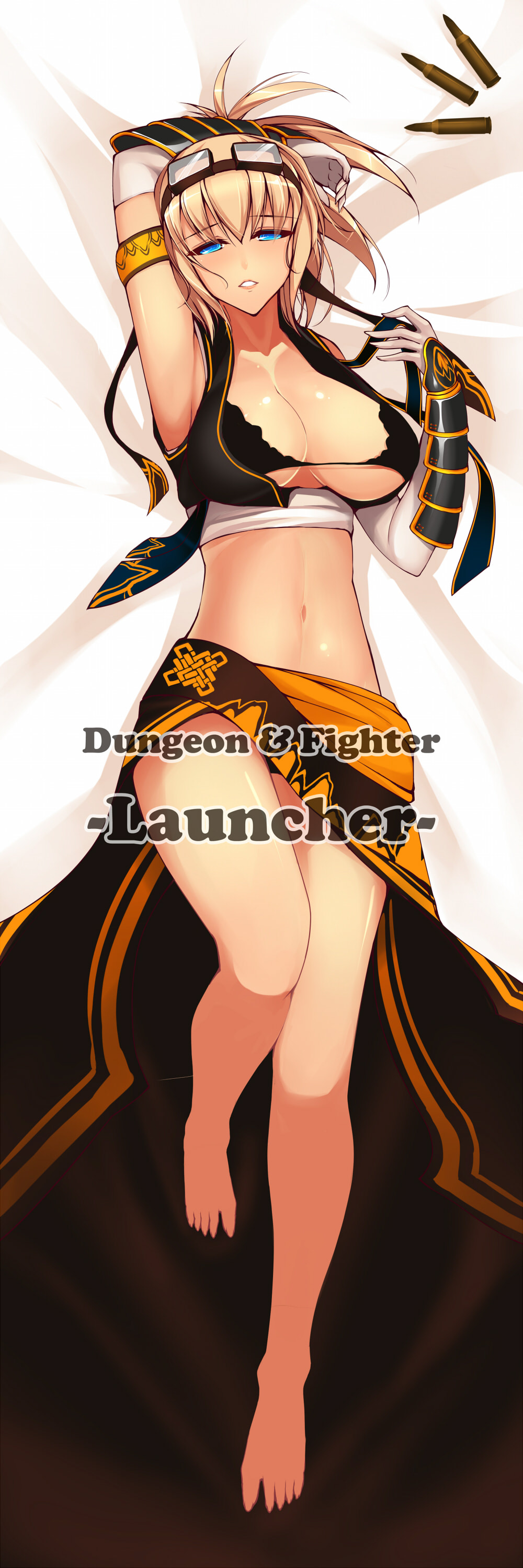 absurdres barefoot blonde_hair blue_eyes breasts cartridge dakimakura dean dungeon_and_fighter female_gunner_(dungeon_and_fighter) full_body goggles highres large_breasts launcher_(dungeon_and_fighter) lying navel on_back on_bed short_hair solo