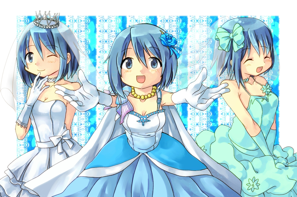 :d bare_shoulders blue_eyes blue_hair bow breasts cape choker cleavage closed_eyes collarbone crown dress flower gloves hair_bow hair_flower hair_ornament jewelry mahou_shoujo_madoka_magica medium_breasts miki_sayaka necklace one_eye_closed open_mouth pearl_necklace pokopokoko short_hair smile veil