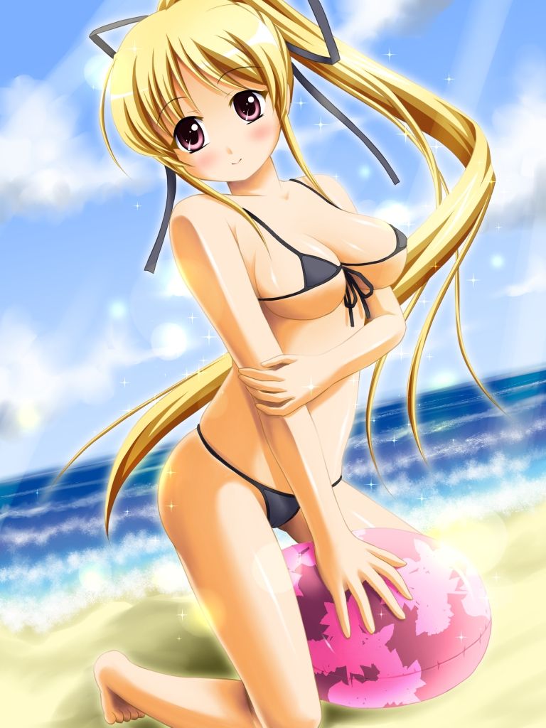 bad_id bad_pixiv_id beach bikini blonde_hair cynthia_marguerite day kurushima_awa long_hair pink_eyes ponytail solo swimsuit very_long_hair yoake_mae_yori_ruri_iro_na