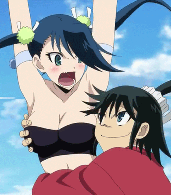 &gt;:) 1boy 1girl angry animated animated_gif armband armpits arms_up black_hair blue_eyes blue_hair blue_sky blush breast_grab breasts cleavage cloud couple embarrassed eye_contact grabbing green_eyes hair_ornament hibachi_(mushibugyou) hug japanese_clothes looking_at_another looking_down looking_up mushibugyou naughty_face open_mouth pervert ponytail red_clotherd screencap sky smile strapless talking tsukishima_jinbei tubetop twintails upper_body wind_lift