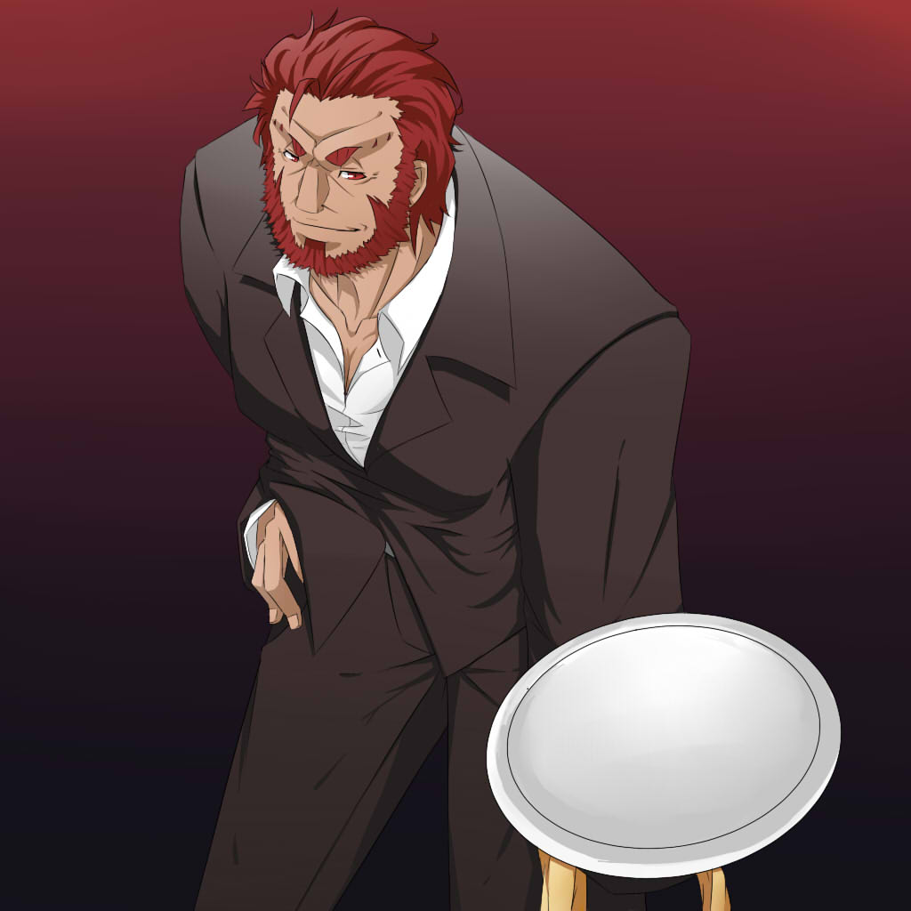 a0912011 beard facial_hair fate/zero fate_(series) formal gradient gradient_background male_focus necktie red_eyes red_hair rider_(fate/zero) solo suit