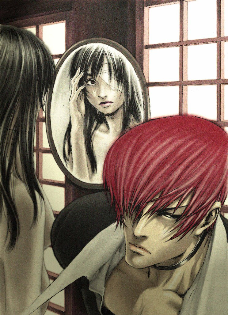 1girl ayamura_kirihito bandage_over_one_eye black_hair character_request hair_over_one_eye long_hair red_hair the_king_of_fighters yagami_iori
