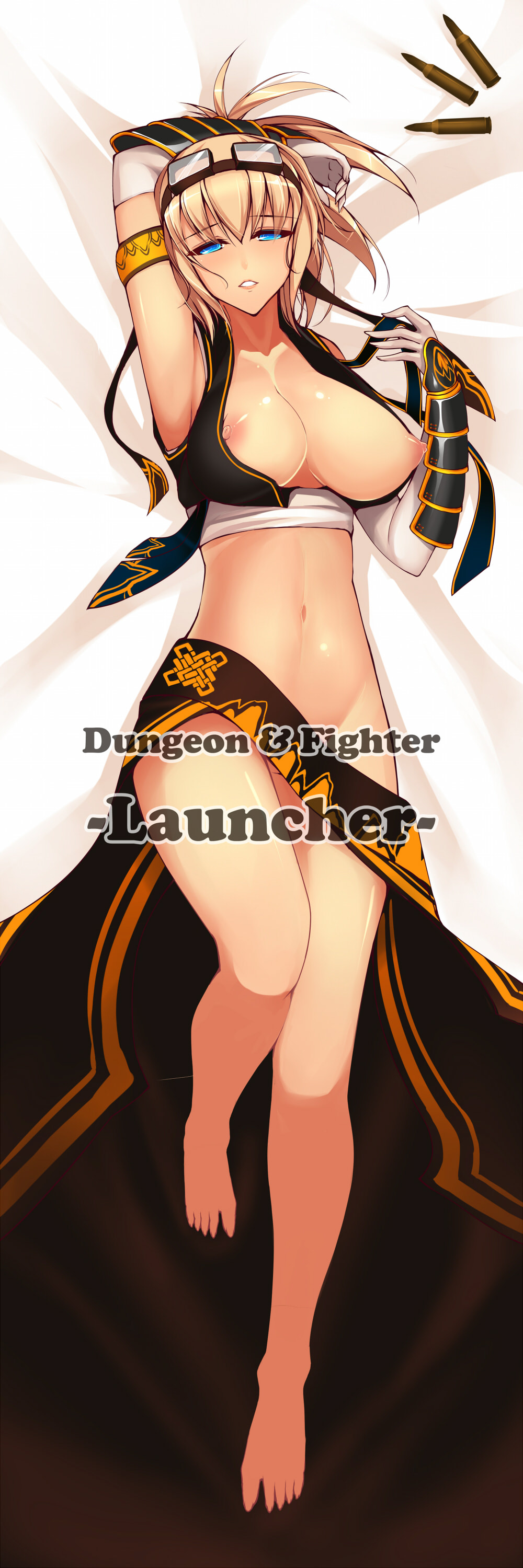 absurdres blonde_hair blue_eyes breasts cartridge dakimakura dean dungeon_and_fighter female_gunner_(dungeon_and_fighter) full_body goggles groin highres large_breasts launcher_(dungeon_and_fighter) lying navel nipples on_back on_bed short_hair solo