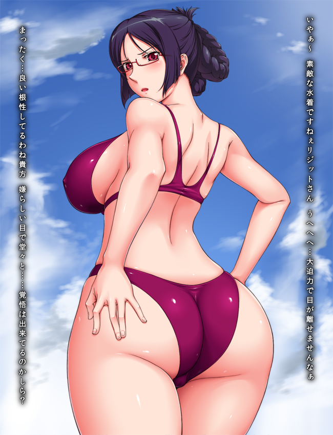 ameoto ass bare_shoulders bikini breasts cloud day folded_ponytail glasses large_breasts looking_back purple_hair red_eyes ridget_(suisei_no_gargantia) short_hair sideboob sky solo suisei_no_gargantia swimsuit translation_request wide_hips