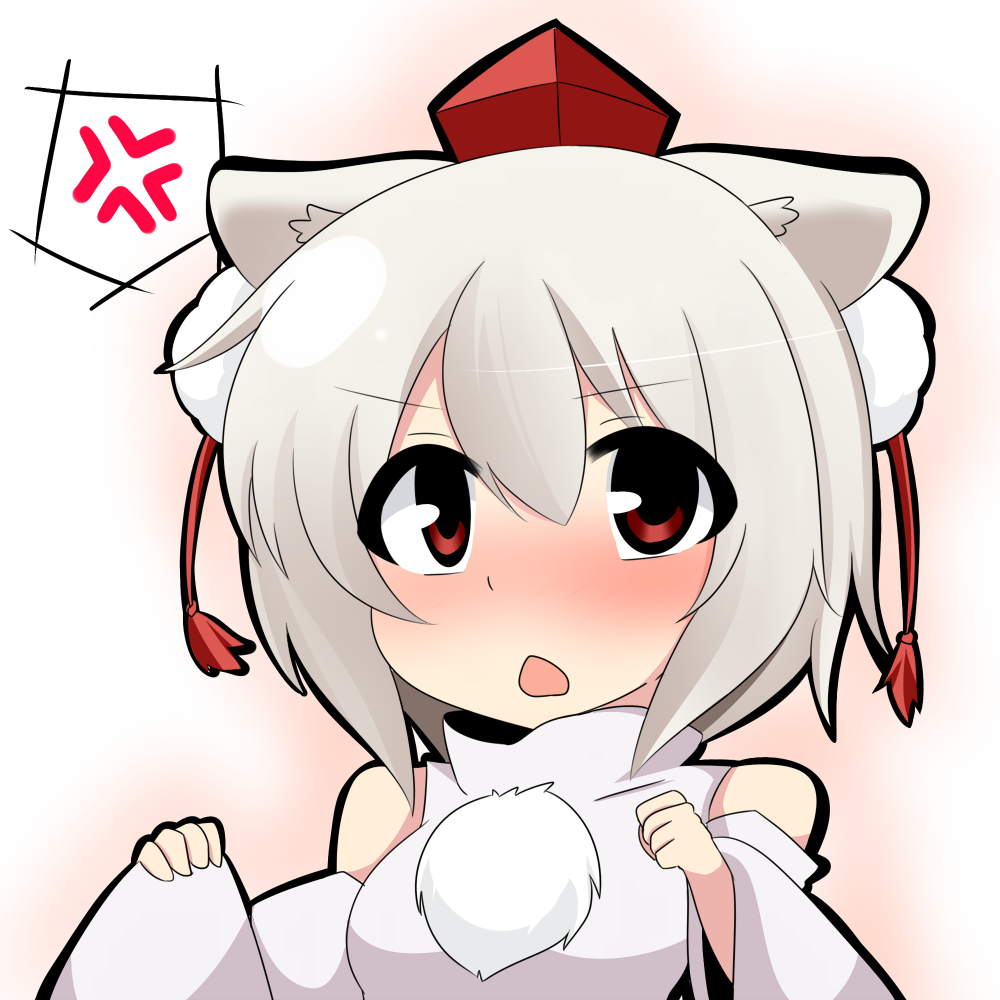 anger_vein animal_ears bare_shoulders blush detached_sleeves hat inubashiri_momiji open_mouth red_eyes short_hair solo tokin_hat touhou twumi upper_body white_hair wide_sleeves wolf_ears