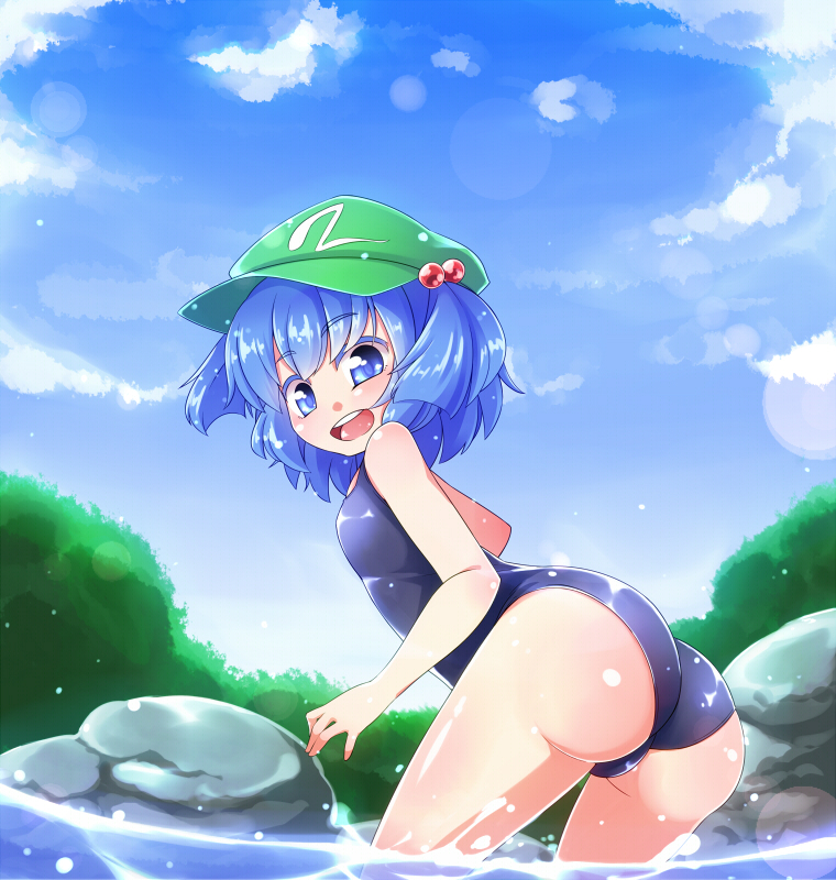 ass back blue_eyes blue_hair cloud day hair_bobbles hair_ornament hat kawashiro_nitori looking_back one-piece_swimsuit open_mouth river rock school_swimsuit short_hair sky smile solo swimsuit touhou tree two_side_up water yuuki_(yuyuki000)