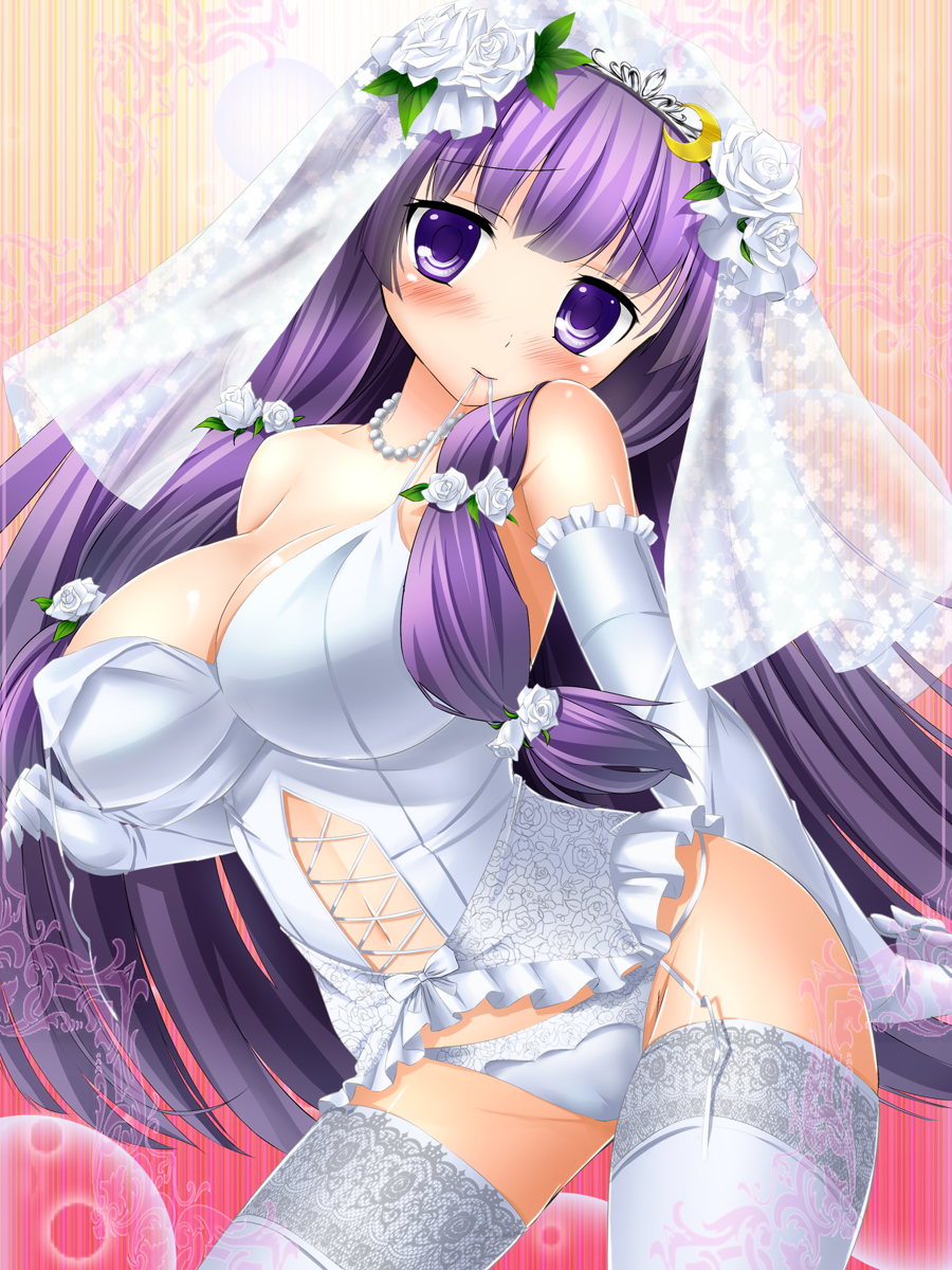 alternate_costume bare_shoulders blush breasts bride bug_(artist) bustier crescent crescent_hair_ornament dress elbow_gloves garter_straps gloves hair_ornament highres jewelry large_breasts long_hair mouth_hold necklace panties patchouli_knowledge purple_eyes purple_hair solo thighhighs touhou underwear veil wedding_dress white_gloves white_legwear white_panties