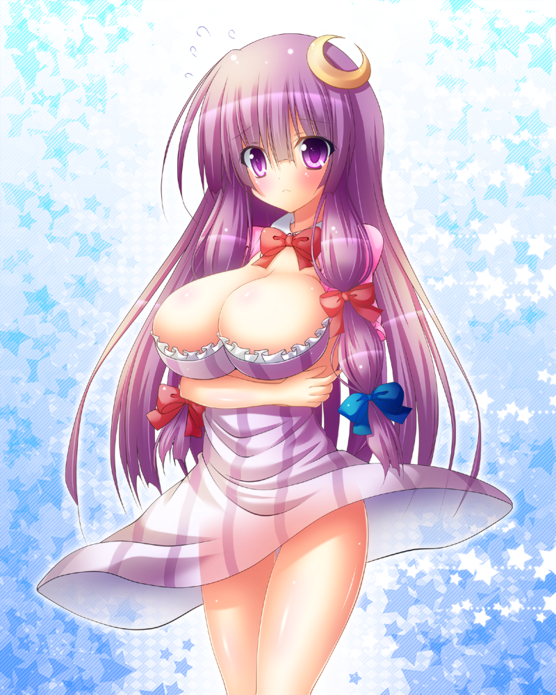 bow breast_hold breasts cleavage crescent crescent_hair_ornament hair_ornament hair_ribbon huge_breasts lavender_hair long_hair no_hat no_headwear osashin_(osada) patchouli_knowledge purple_eyes purple_hair purple_skirt ribbon skirt solo touhou